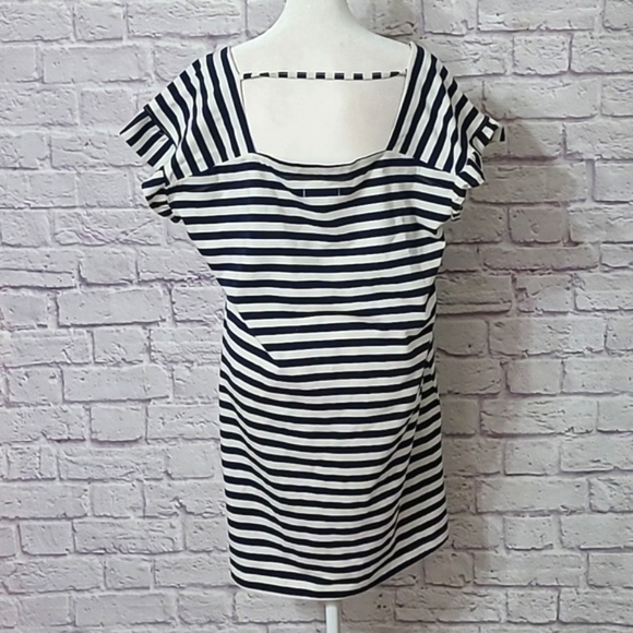 Free Assembly Square Neck  Navy Blue Striped, Ruffle Sleeve Dress Large NWT - Picture 4 of 7